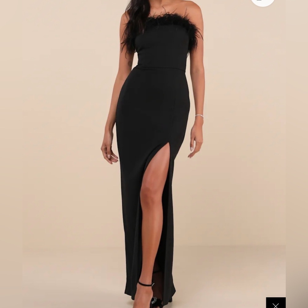 Lulu's Black Strapless Feather-Trim High-Slit Gown